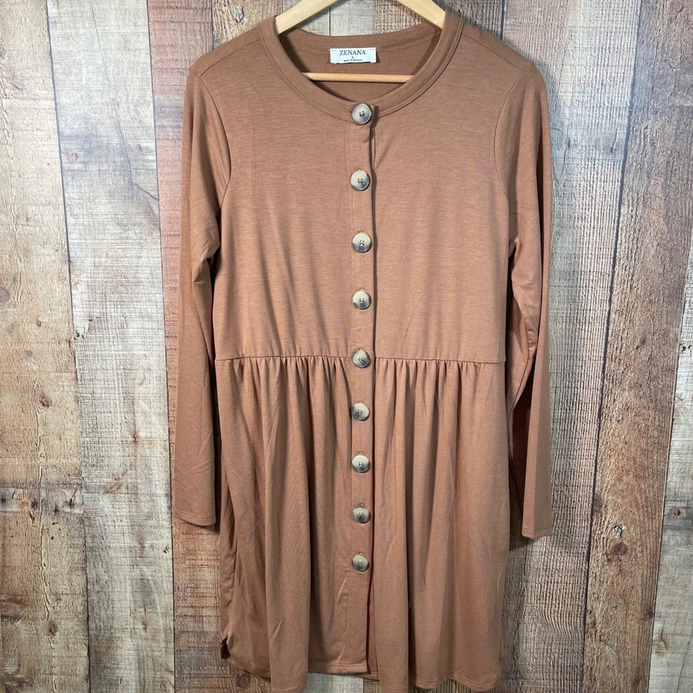 Zenana Brown Button Front Babydoll Dress Cardigan Large Soft Stretch NWOT